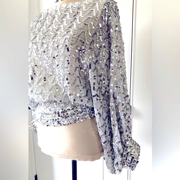 Neiman Marcus VTG 60’s Metallic Silver sequin Sheer dolman blouson Size S-M - Picture 5 of 17